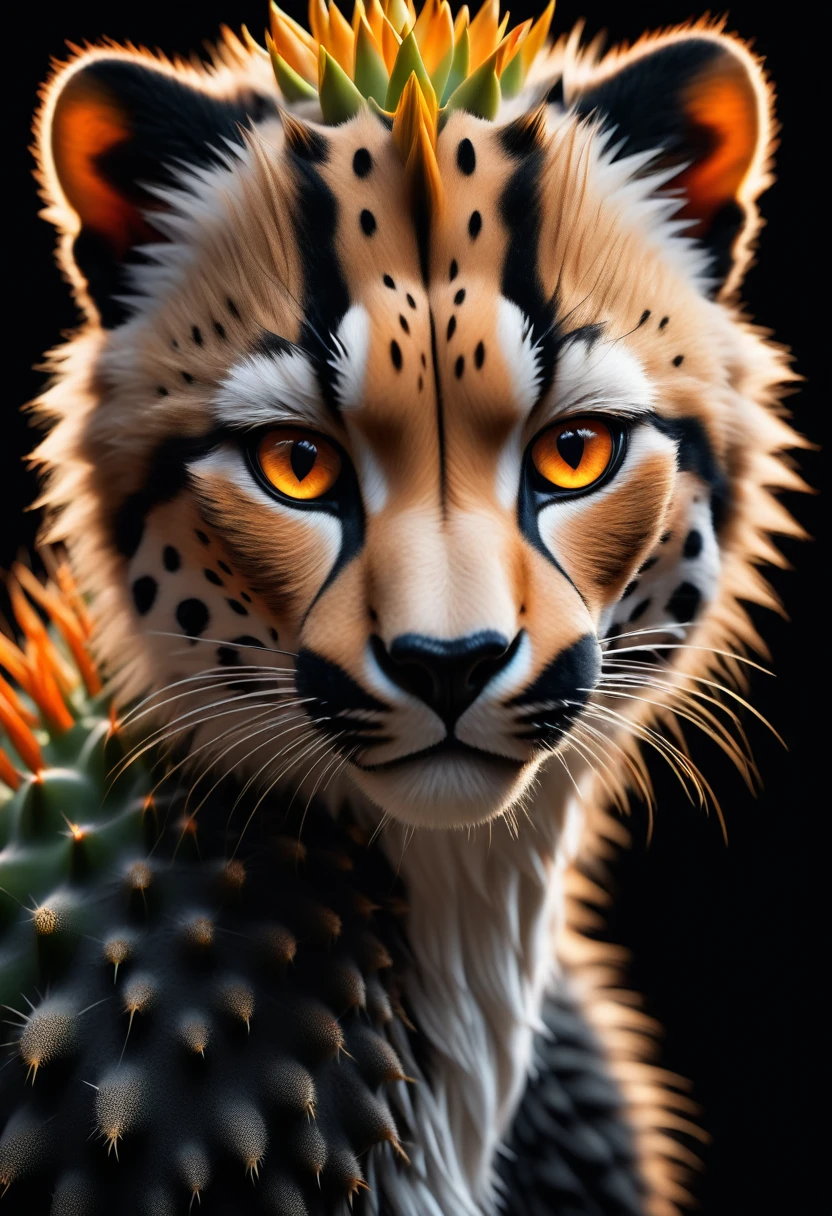 a powerful cheetah in a desert with lush cacti, vivid orange eyes, dramatic black and white, black background, (best quality,4k,8k,highres,masterpiece:1.2),ultra-detailed,(realistic,photorealistic,photo-realistic:1.37),extremely detailed animal portrait, dramatic lighting, fierce predator, intense expression, captivating gaze, sleek spotted fur, muscular build, low angle shot, close-up view, minimalist composition, high contrast