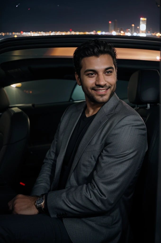 Male character in night cityscape, passport photograph, smiling, perto do mar, moderno, barba, in miami driving a luxury car,