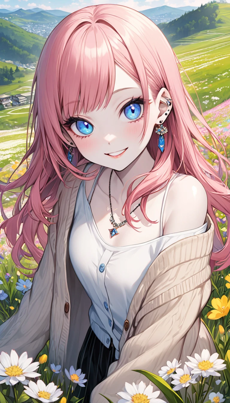 beautiful, 16K, female, happy, smiling, looking at viewer, long hair, hime cut, spiked hair, pink hair, blue eyes, big eyes, pale skin, detailed skin, detailed face, tall, skinny, cardigan, off shoulder, necklace, earrings, piercing, 30-year-old, japanese,Hill with Spring Flowers