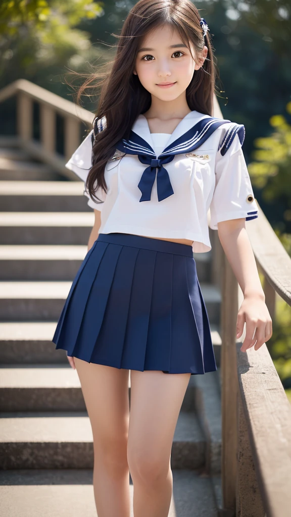 8k UHD、Digital single-lens reflex camera、High resolution、shallow depth of field、Natural light、(((sailor suit)))、(((Dark blue super mini skirt)))、(((full body shot)))、small person、(((young face)))、1 Japanese girl、; beautiful girl、(black hair)、(((brown eyes)))、Glossy skin、smooth thin hair、long hair、detailed background、highly detailed eyes and face、clear eyes、cute smile、Calm atmosphere、(((climb the stairs)))、(((detailed small breasts)))、(((beautiful eyes)))、petya pie、children `s、(((tight thighs)))、(((white panties)))、(((angle from below) ))、(((detailed lips)))、(((The skirt is fluttering)))、beautiful shining legs、((nsfw))