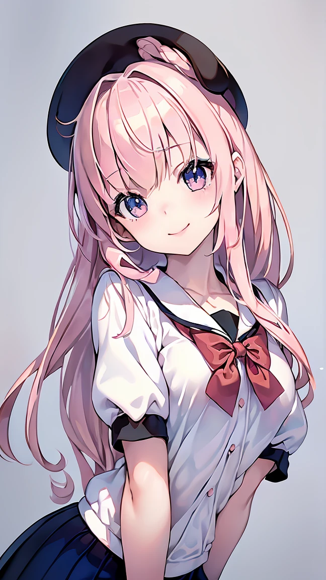 Highest quality,masterpiece,masterpiece portrait,Upper Body, Blonde、Blue Eyes、Pink lips、、White shirt、Black ribbon at chest、cartoonist、(((Slightly erotic)))、Wear a red beret、tilt your head and smile、Anime Style、Beauty、Her background is monochrome black、(((Looking at the camera facing the front)))、Looking up,oil