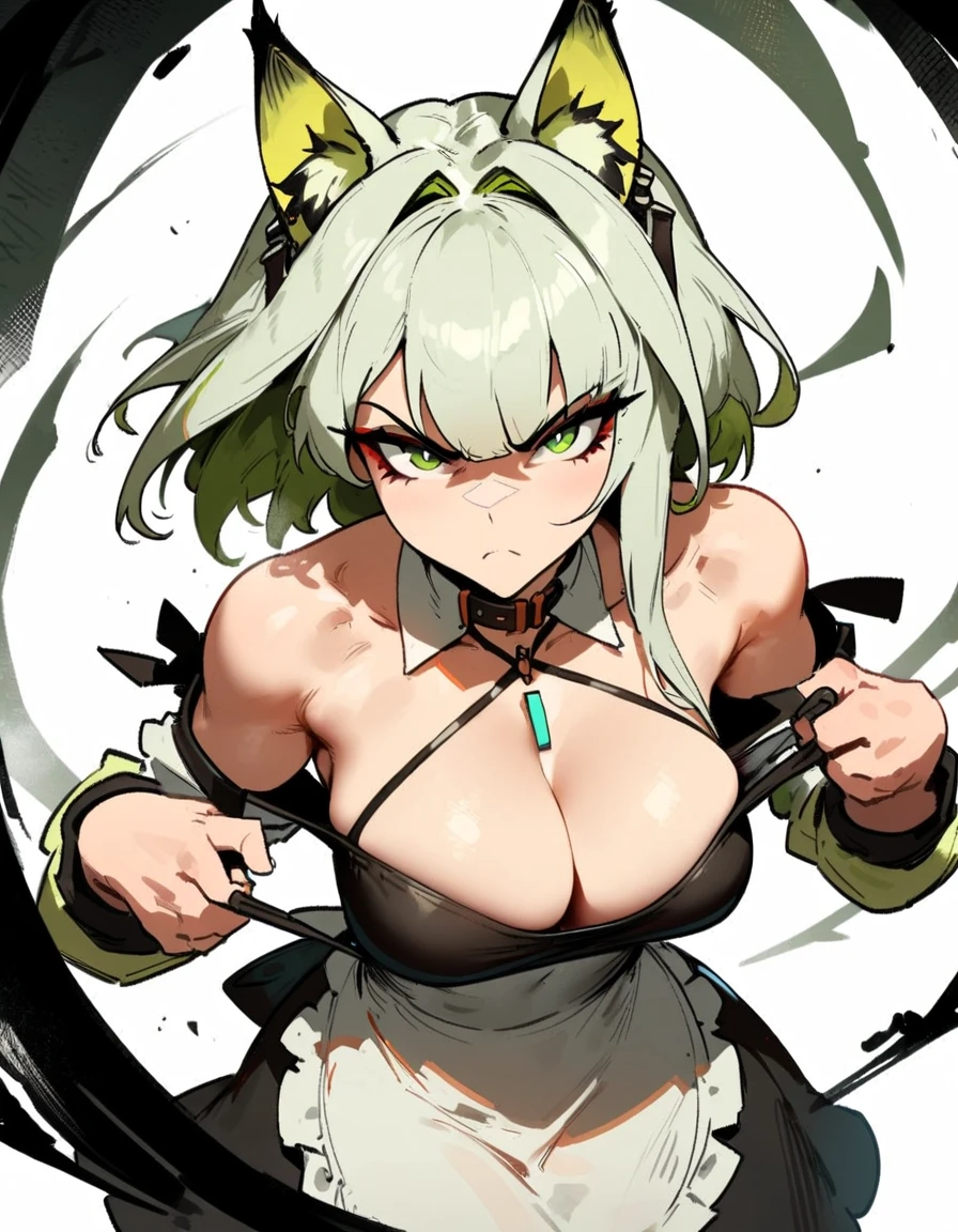 1girl, kal'tsit \(arknights\), arknights \\\\\ masterpiece, best quality, very aesthetic, absurdres, newest \\\\\\ slim body,///// ,by nyantcha,cutesexyrobutts , by khyle,,////// beautiful face, , serious, angry, green eyes, animal ears, big ,,  solo,maid uniform, (white background:1.2),skirt