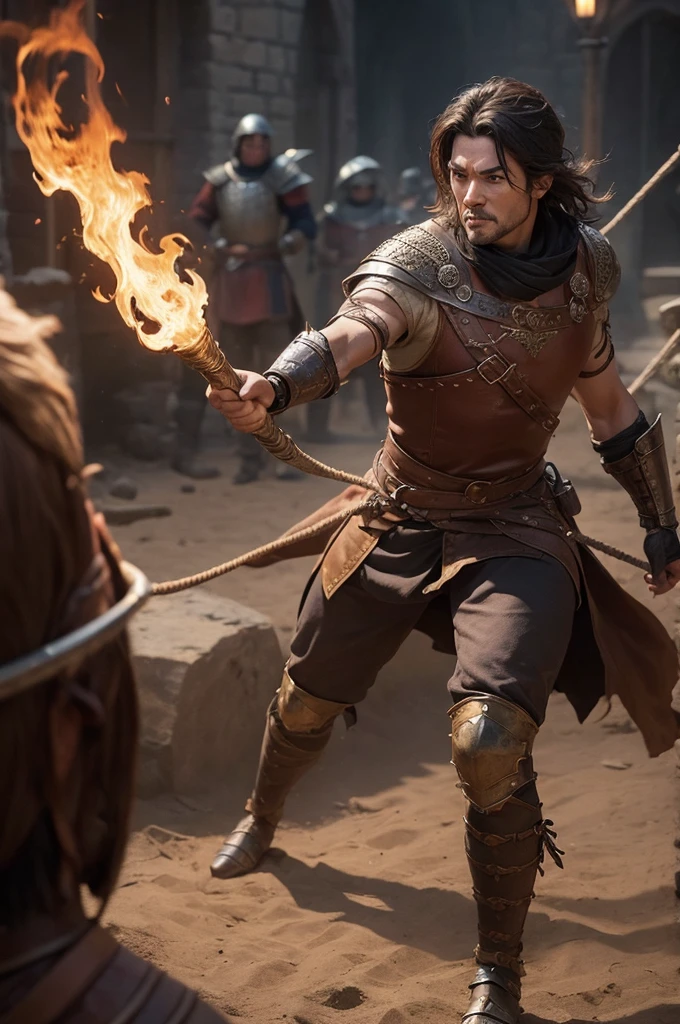 ((middle Ages)) create a warrior character with a lasso that burns fighting a dragon 