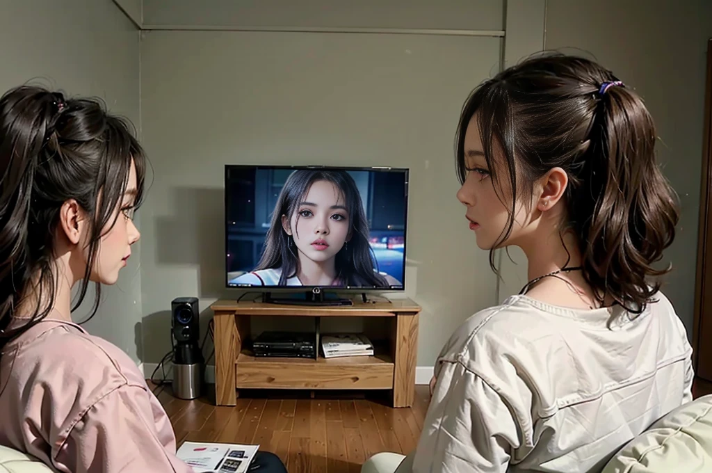 Three women，Watching TV in the room，Football matches on TV