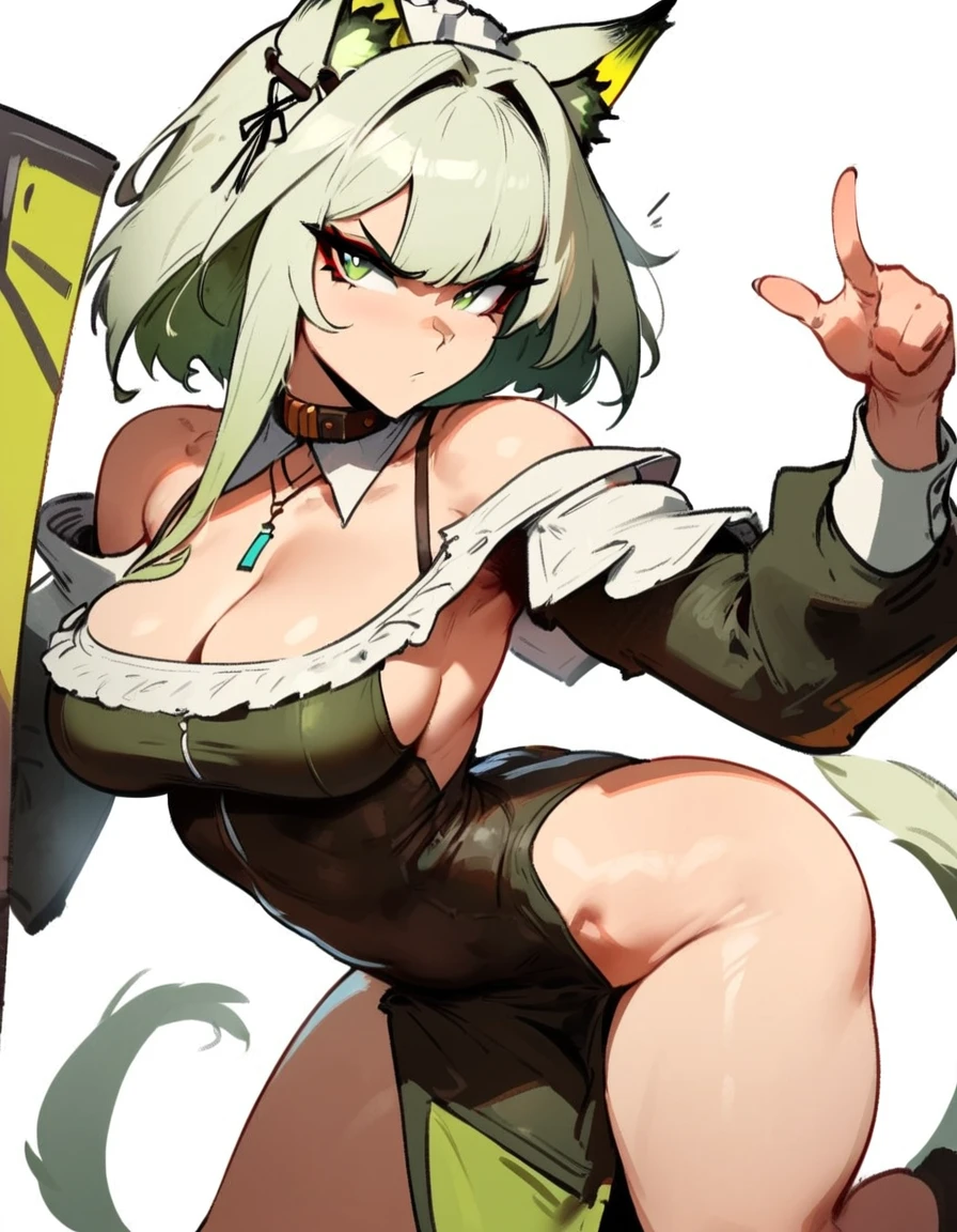 1girl, kal'tsit \(arknights\), arknights \\\\\ masterpiece, best quality, very aesthetic, absurdres, newest \\\\\\ slim body,///// ,by nyantcha,cutesexyrobutts , by khyle,,////// beautiful face, sexy, serious, angry, green eyes, animal ears, big tits,,  solo,maid uniform, (white background:1.2),skirt