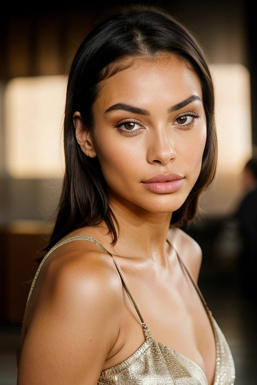 beautiful brunette woman, (22 years old, seductive glance), it should appear familiar and friendly, She has big pouty lips with lip fillers ++,defined cheekbones with cheek filler and wears some blush. She has glowing sexy eyes and wears smokey eyes make-up. She seems to have a bit of mixed Filipino and European looks. Her nose is very thin and small. She has a toned body and has size C breast implants. masterpiece, beste-Qualit, Ultra-Detailed, Canon (look at the viewer: 1.2) (Skin texture) (Film grains: 1.3), (warm hue, warmer Ton: 1.2), a close-up of a, cinematiclight, sidelighting, extra high resolution, better shadow, SPIRIT, upper body, Short top,(foto realista)(best quality) (Detailed) shot on a Canon EOS R5, 50MM lens, F/2.8, HDR, (8K), 8K uhd, dslr, good quality, Kornfilm, Fujifilm XT3, Film Stock Photo 4 Kodak Portra 400 Camera F1.6 lenses rich colors hyperrealistic, it should look like business, in a quiet way