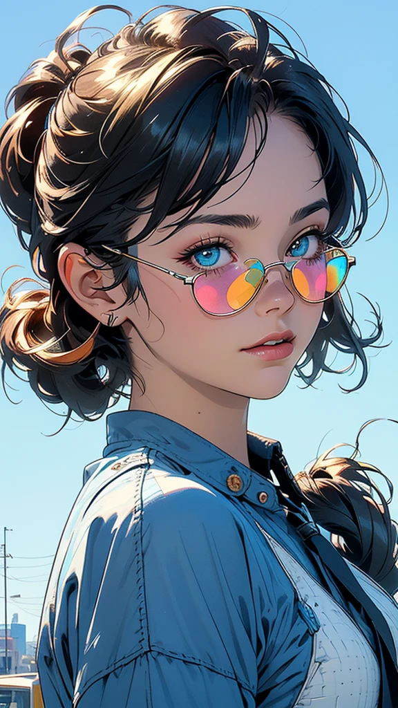 (((masterpiece, highest quality))),(((solo:1.2))),(((1girl:1.2))),32k wallpaper, very detailed,(((((portfolio))))),(((((Close-up))))),(((((bust up))))),((((more various angle)))),(((highlight))),((((heterochromia)))),(((complete. detailed face))),((((Extremely talented)))),((((Wonderfully detailed complicated machine)))),((((genius mechanic)))),((Overall colorfully)),(((perfect clear skinn))),((so in vain))),(((Latest model sunglasses))),(((reflection neon))),(halftone:1.2),city pop