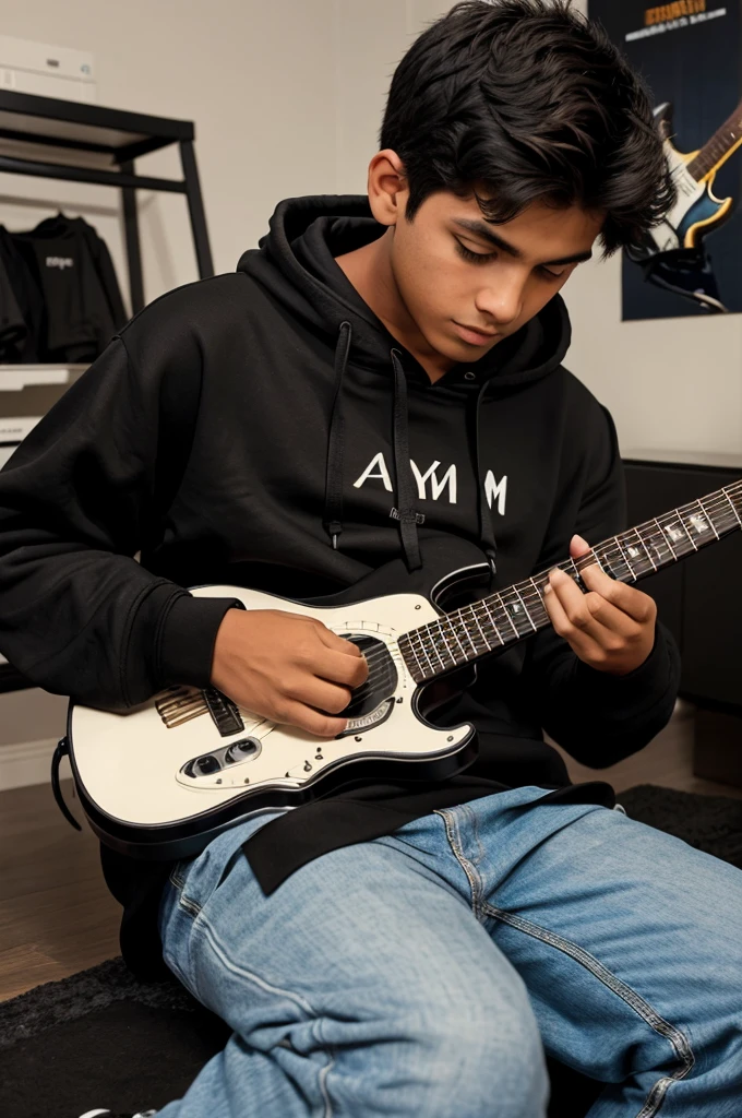 A 18 year boy in black hoodie holds a guitar and name written on his hoodie'SATYAM'