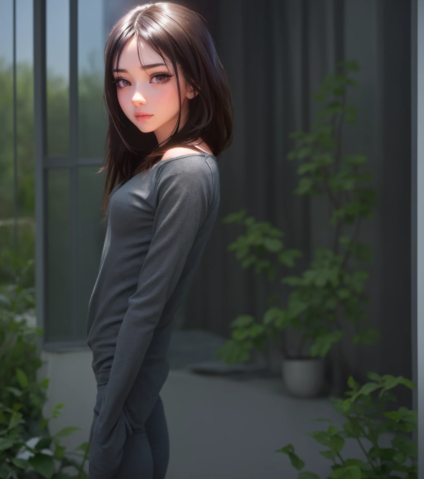 standing position, slender body, full clothes, windows in background, garden outside windows