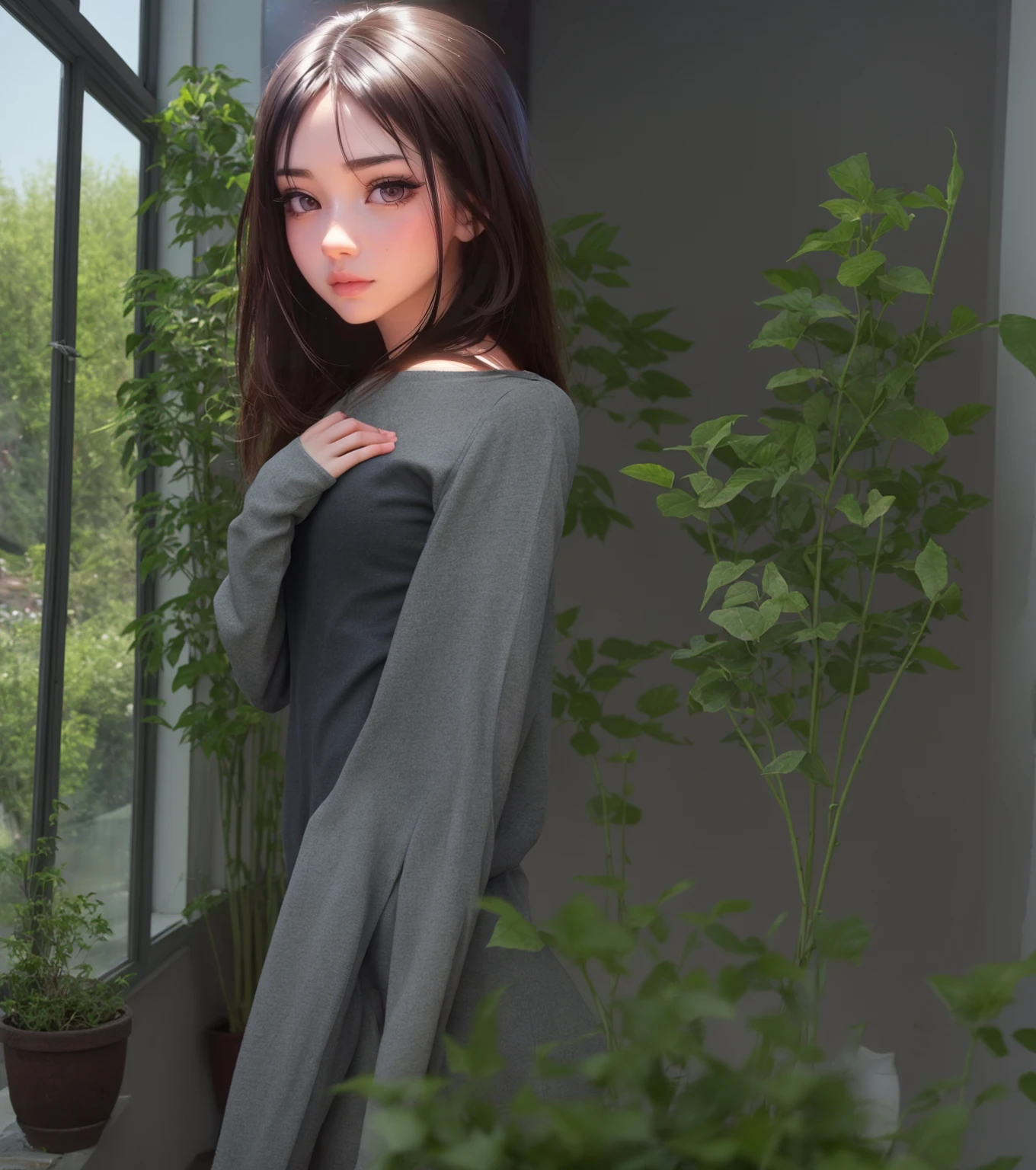 standing position, slender body, full clothes, windows in background, garden outside windows