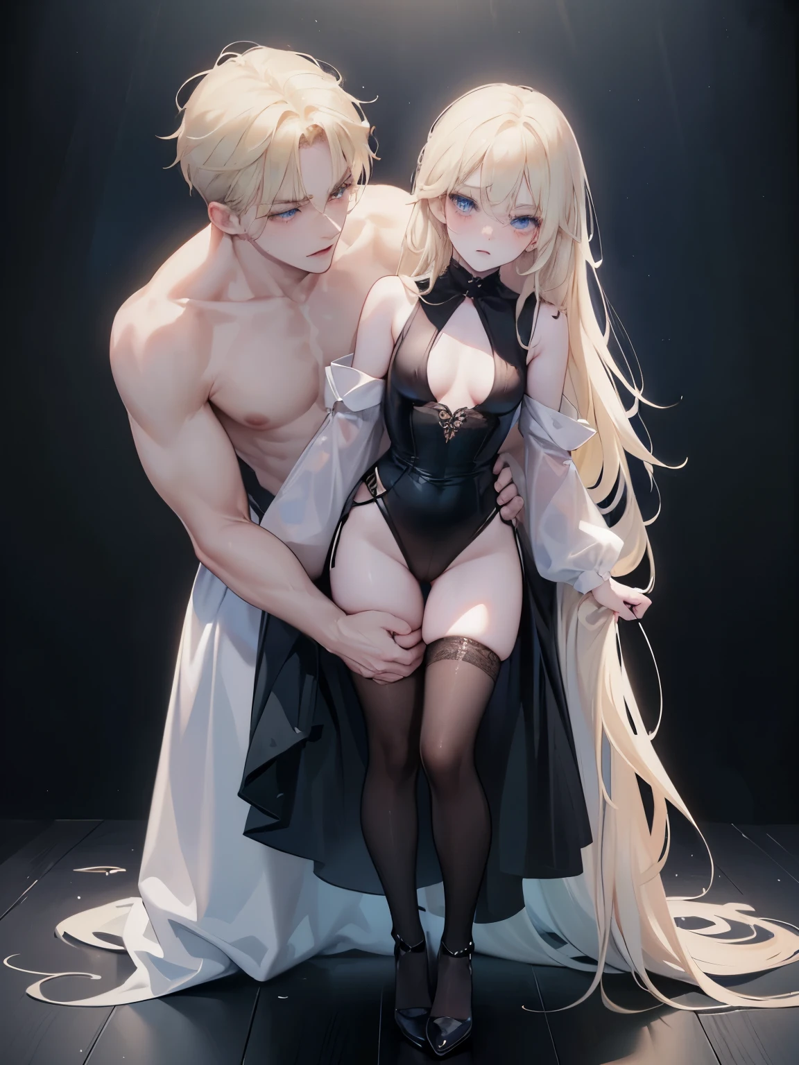 (((full-body view))), ((girl and man)), ((dark fantasy)),((handsome boy grabbing girls breasts from behind)), mature male, 30-ish, (wide shoulder), ((no chest hair)),short black Quiff hair with Soft Fringe (bangs part on side 3:7 ratio), blue eyes, upper body, short hair, looking at viewer, parted lips, round eyewear, wet hair, open black shirt, long sleeves, showing a bit of muscles,(( girl with wavy hair, pale skin, long light blond hair),((light blue eyes)), freckles,(girl ************),erotic posing,Gothic background, Dark fantastic view,Best Quality,masutepiece,8K,The ultimate detailed dark background, Top image quality、RAW photography、超A high resolution，cropped shoulders, overall look is very erotic, model shoot, Large round chest, Beautiful Eyes of Details、Very slender eyes、Beautiful eyelashes、Very slim physique, with blush cheeks, bedroom background