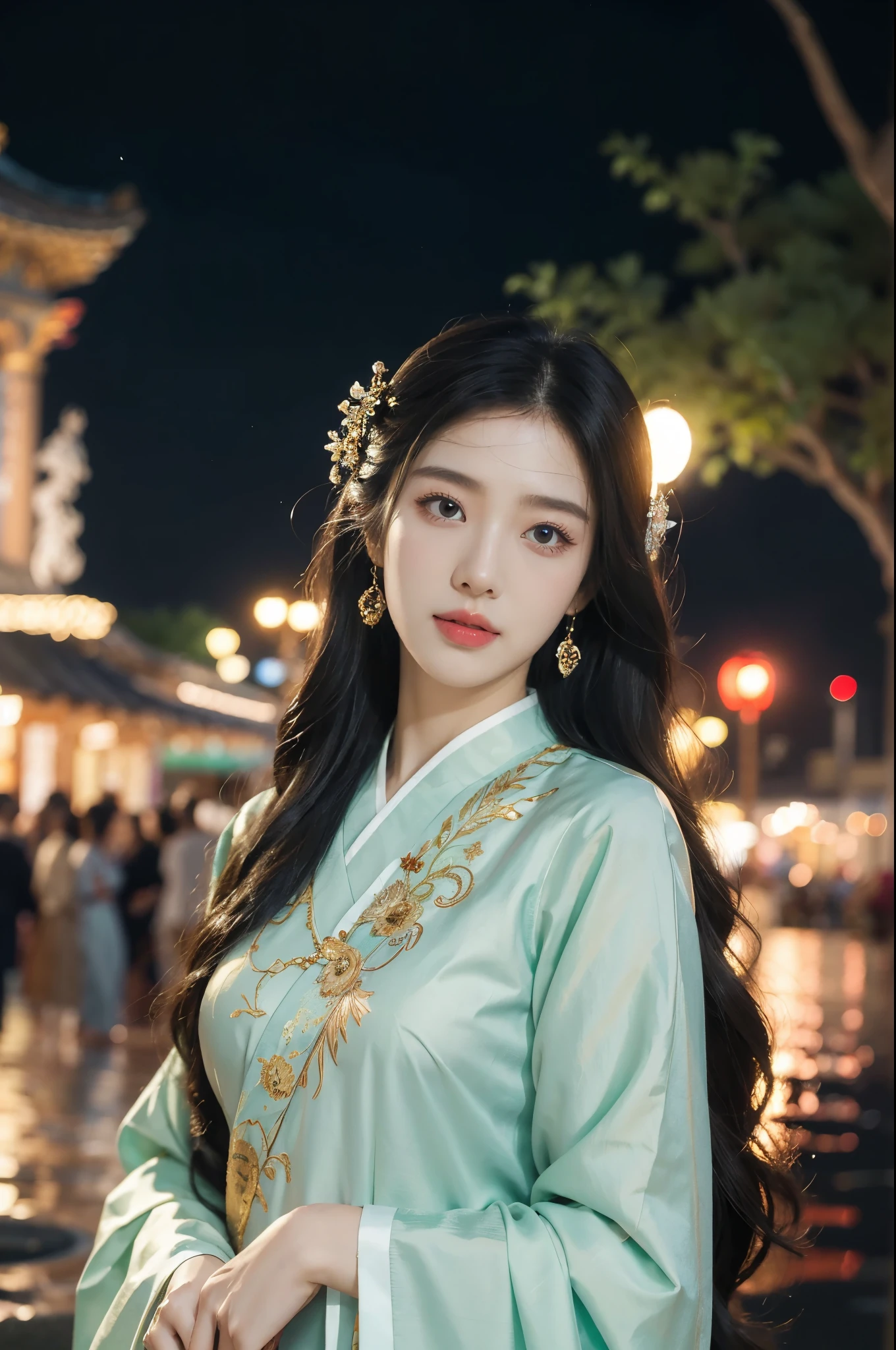 "(((best quality))),(((ultra detailed))),(((masterpiece))),illustration,1girl,summer night,beautiful girl,Korean traditional clothing,elegant,lace trim,long hair,graceful,slim figure,clear complexion,watery eyes,sweet smile,noble aura,serene,ancient painting,city street,neon lights,high-rise buildings,shiny fabric,romantic,moonlight,tree shadows,fountain,spray,Jewelled,refined,lively,charming"