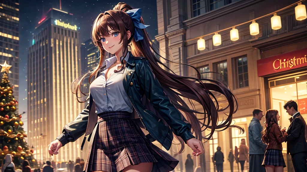 1girl, solo, christmas, ((christmas tree)), street, night, lights, snow, long hair, brown hair, curly hair, ponytail, large full breasts, ((brown leather jacket)), button down shirt, dark blue eyes, ((blue shirt)), ((unbuttoned shirt)), ((long skirt)), smile, ((unbuttoned shirt)), unbuttoning buttons, cleavage 1:3, looking at the viewer, standing, hair ribbon, golden necklate