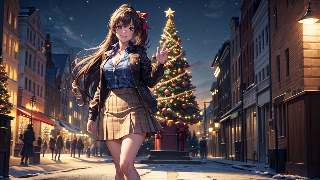 1girl, solo, christmas, ((christmas tree)), street, night, lights, snow, long hair, brown hair, curly hair, ponytail, large full breasts, ((brown leather jacket)), button down shirt, dark blue eyes, ((blue shirt)), ((unbuttoned shirt)), ((long skirt)), smile, ((unbuttoned shirt)), unbuttoning buttons, cleavage 1:3, looking at the viewer, standing, hair ribbon, golden necklate