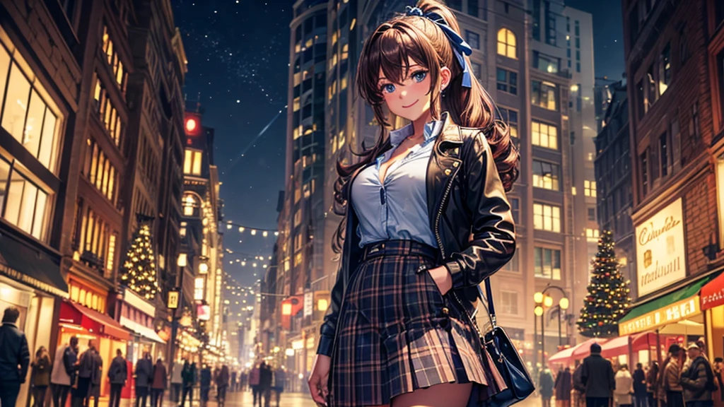 (Masterpiece, Best Quality, High Quality), 1girl, solo, full body, moist skin, volumetric lighting, christmas, ((christmas tree)), street, night, lights, snow, long hair, brown hair, curly hair, ponytail, large breasts, button down, ((opened brown zipper jacket)), dark blue eyes, ((blue shirt)), ((checked shirt)), ((unbuttoned shirt)), ((long skirt)), smile, looking at the viewer, standing, hair ribbon