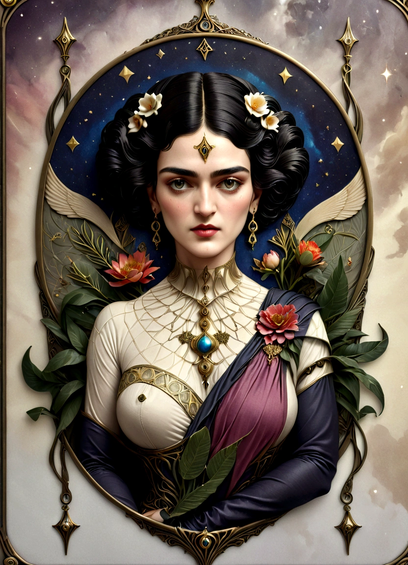 Frida Kahlo as a Tarot Card: score_9, score_8_up, score_7_up, score_6_up, score_5_up,  [ ACOCleopatra],[Black Hair],Cleopatra from Assassin's Creed Origins,[Jewelry],[ancient Egypt],4k,sharp image,detailed, sexy, extremely detailed artgerm,  (masterpiece, best quality:1.2),  (insanely detailed, beautiful detailed, masterpiece, best quality), (insanely detailed, masterpiece, best quality)  of tarot cards, a touch of Frida's signature artistic flair. (best quality, highres, vivid colors, photorealistic, artistic interpretation, detailed portrait), surreal tarot card, Frida Kahlo as a goddess in the tarot deck.