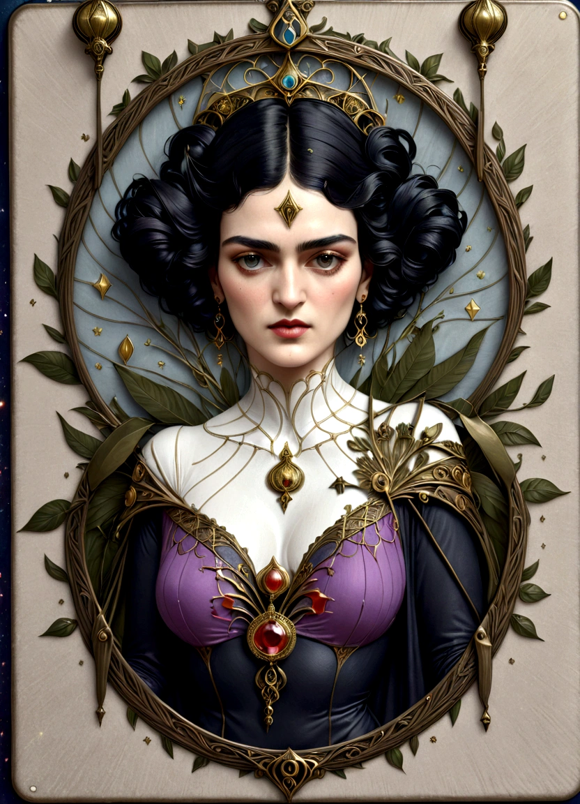 Frida Kahlo as a Tarot Card: score_9, score_8_up, score_7_up, score_6_up, score_5_up,  [ ACOCleopatra],[Black Hair],Cleopatra from Assassin's Creed Origins,[Jewelry],[ancient Egypt],4k,sharp image,detailed, sexy, extremely detailed artgerm,  (masterpiece, best quality:1.2),  (insanely detailed, beautiful detailed, masterpiece, best quality), (insanely detailed, masterpiece, best quality)  of tarot cards, a touch of Frida's signature artistic flair. (best quality, highres, vivid colors, photorealistic, artistic interpretation, detailed portrait), surreal tarot card, Frida Kahlo as a goddess in the tarot deck.