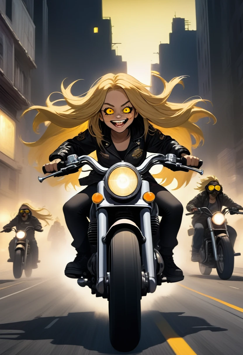 Woman riding big cruiser motorcycle, black streetwear, medium chest, long golden hair, golden eyes, big smile, happy, motorcycle goggles, dirty, apocalypse, city at night, highly detailed, fleeing zombies