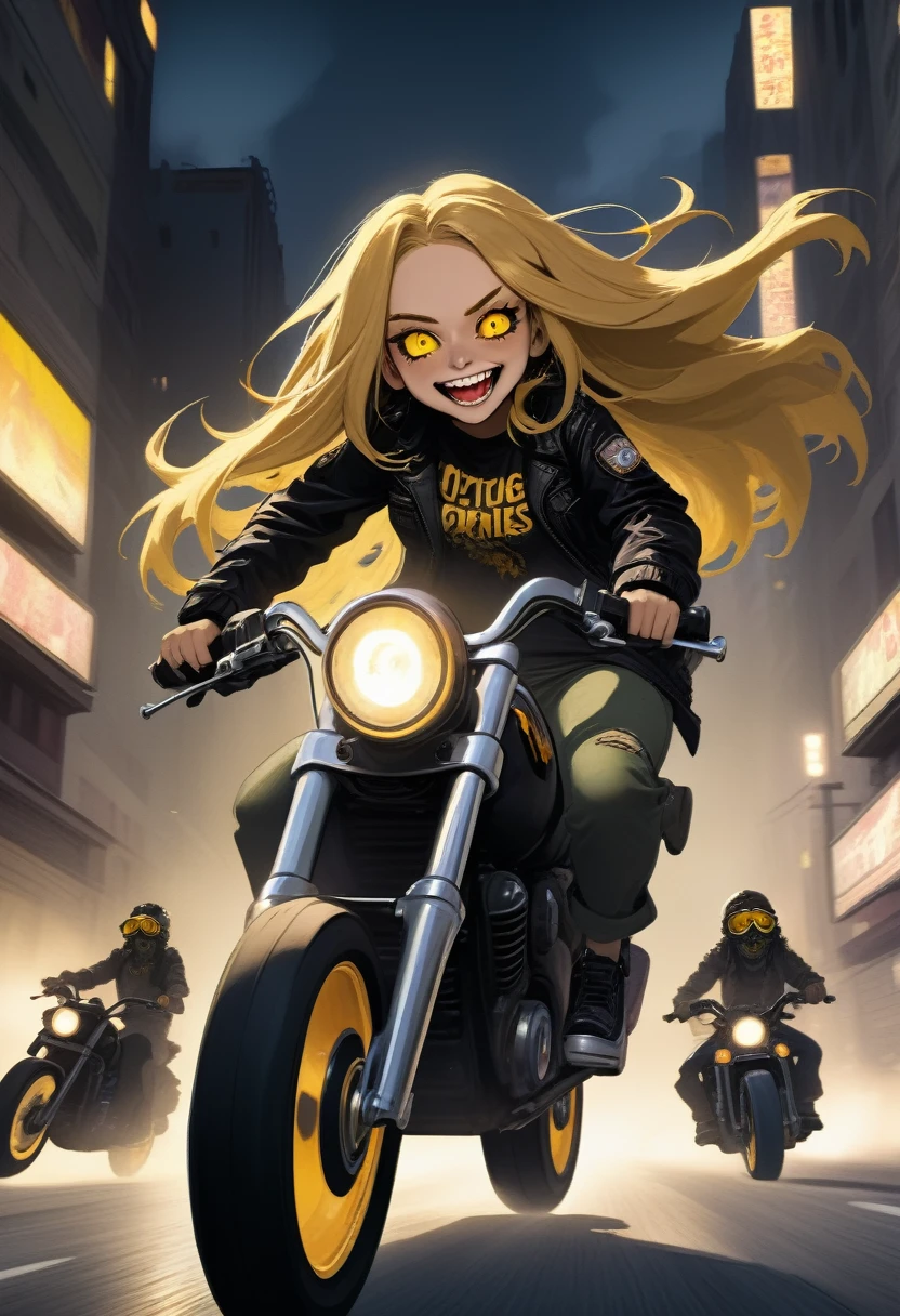 Woman riding big cruiser motorcycle, black streetwear, medium chest, long golden hair, golden eyes, big smile, happy, motorcycle goggles, dirty, apocalypse, city at night, highly detailed, fleeing zombies