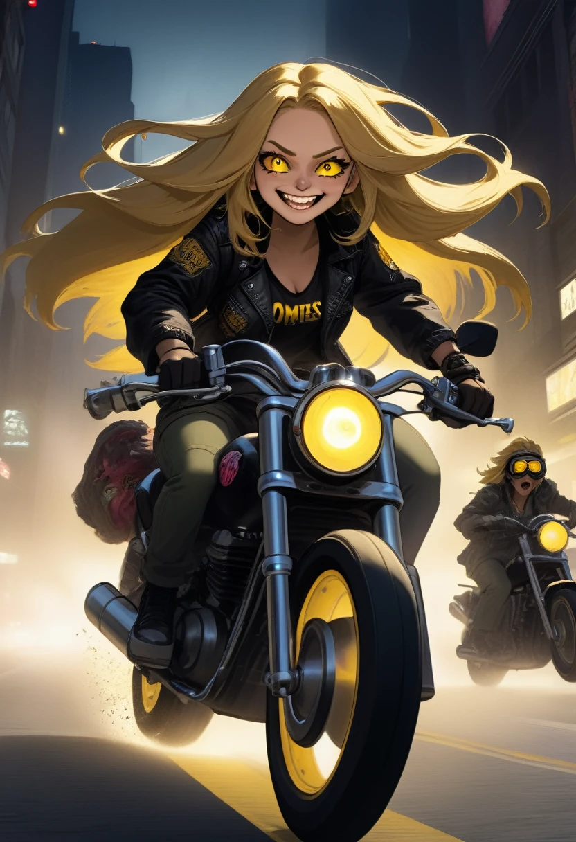 Woman riding big cruiser motorcycle, black streetwear, medium chest, long golden hair, golden eyes, big smile, happy, motorcycle goggles, dirty, apocalypse, city at night, highly detailed, fleeing zombies
