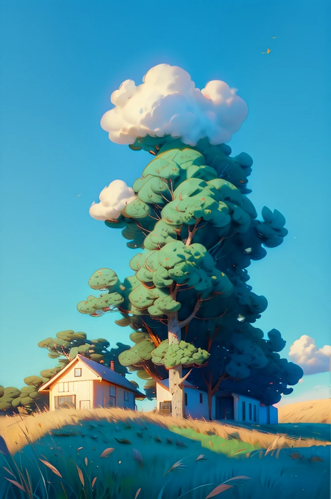 
Realistic, real, in this picture is seen and amazing Studio Ghibli Hayao Miyazaki Petals Grassland Blue Sky Grassland Country Road, building,