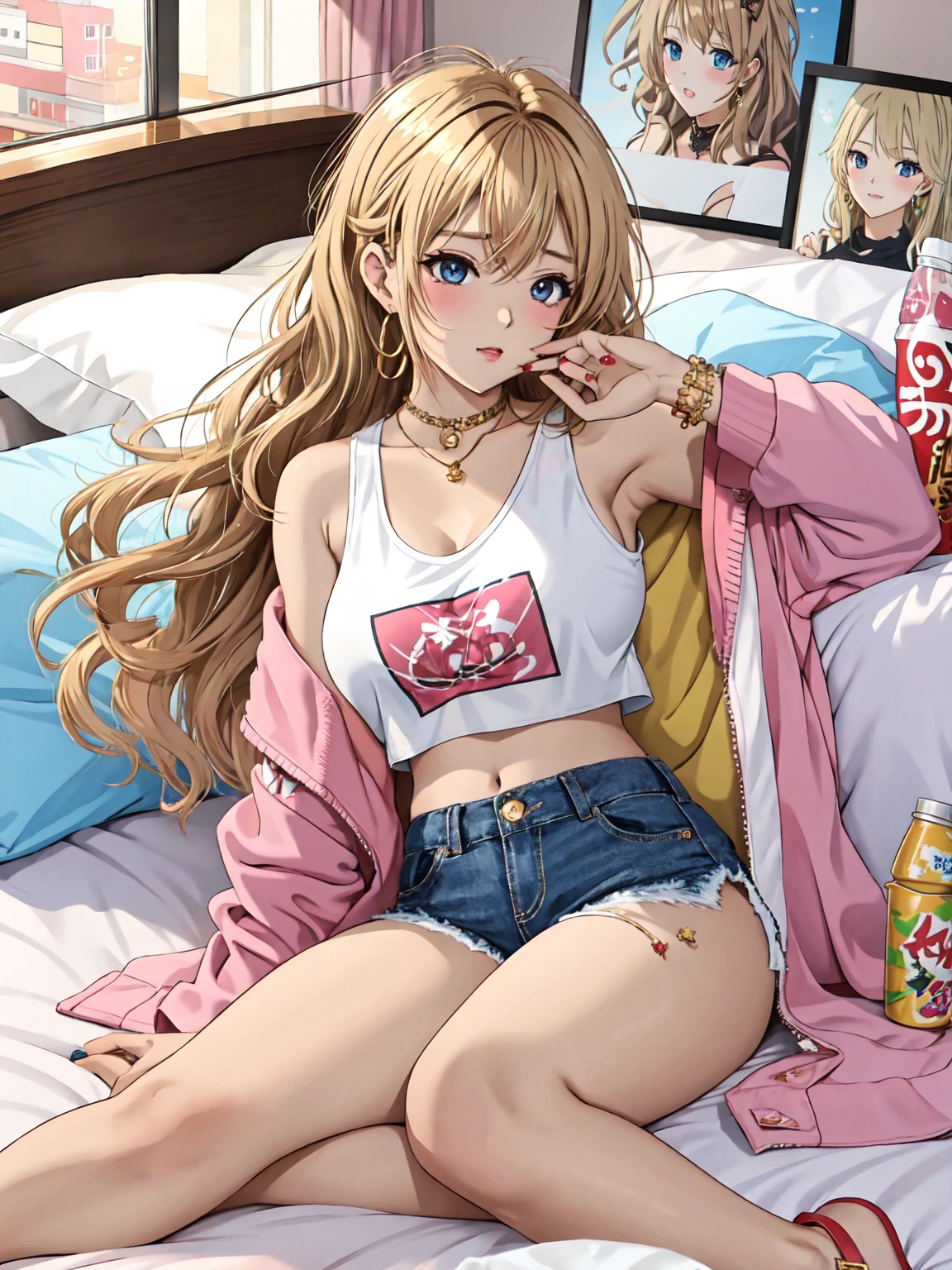 Glamorous gyaru girl from early 2024s Japanese gyaru magazine AGEHA, waking up in the morning with tousled bedhead blonde hair with brown streaks, sleepy but thick heavy eye makeup left over from the previous night out, dark sculpted eyebrows, deeply tanned glowing bronzed skin, wearing a sheer white lace babydoll lingerie top with spaghetti straps showing underboob, and a tiny thong riding low on her hips, large hoop earrings, arm party with bangles and bracelets, sitting on unmade bed surrounded by fashion magazines and empty snack bags, sipping a morning energy drink, in a bright, sunny bedroom setting with posters and decorations showing her gyaru style interests