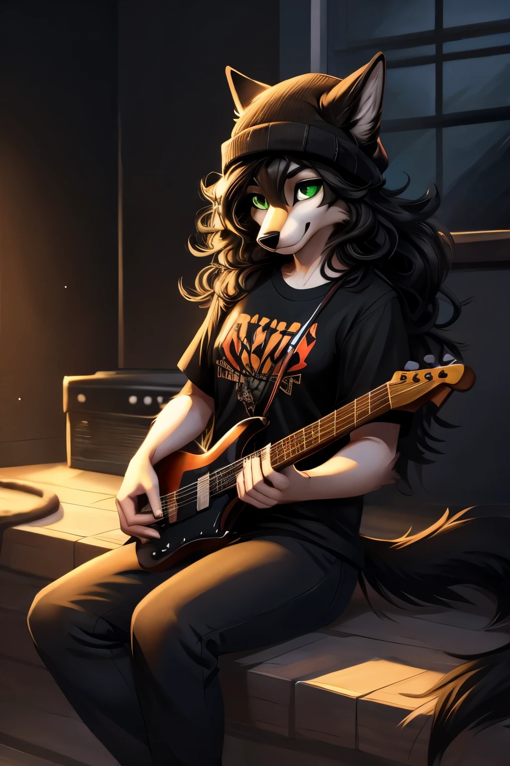 Feminine Black furred Wolf with Long curly hair with black fur and green eyes sitting in a dark room, playing a guitar, wearing a rock band t-shirt while wearing a beanie