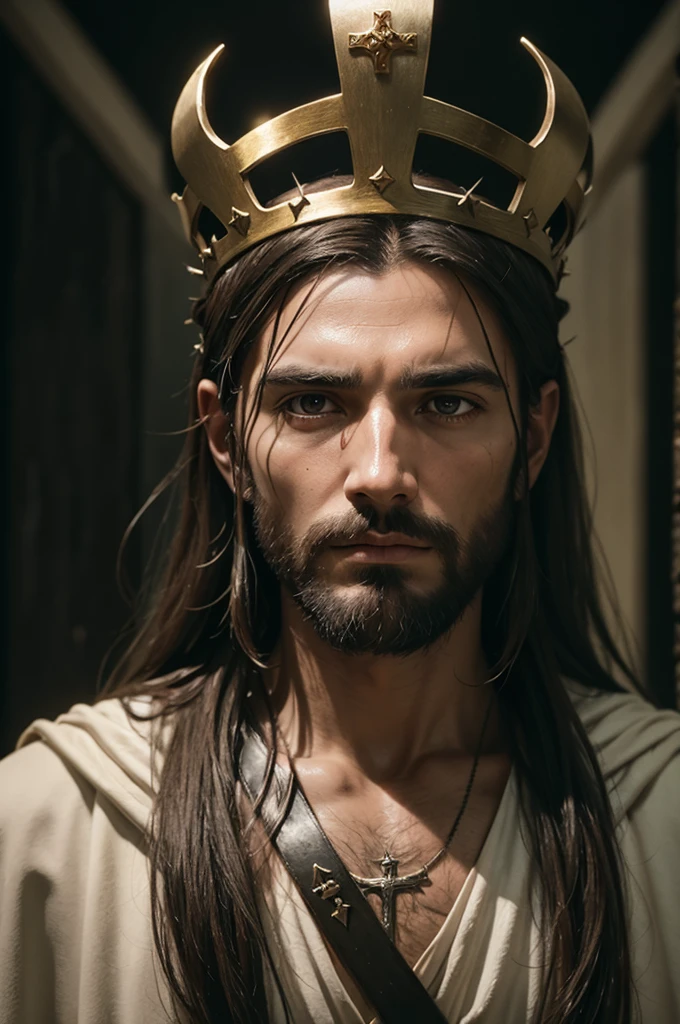 Jesus Christ on the cross wearing crown of thorns, looking forward, cinematic, 8k, realistic.