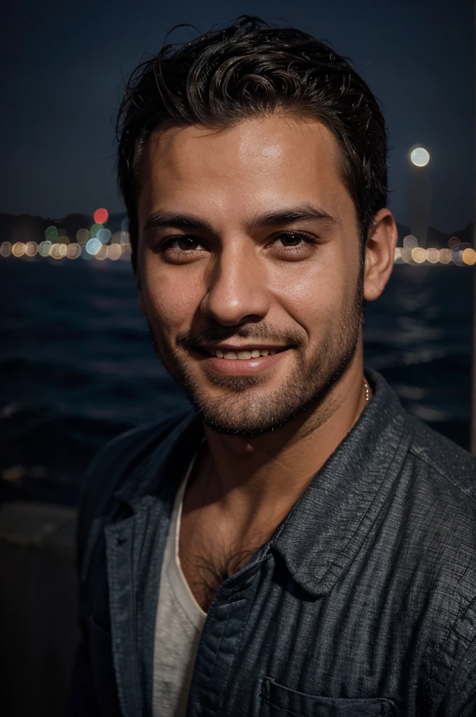 Male character in night cityscape, passport photograph, smiling, perto do mar, moderno, barba, Facing the sea