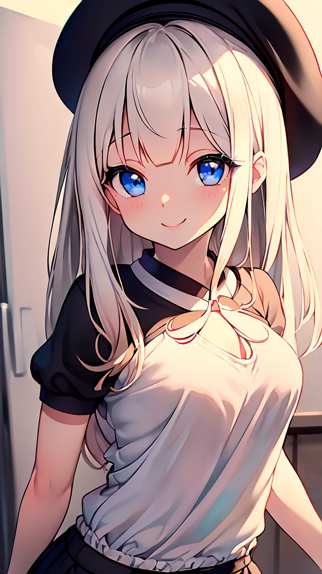 Highest quality,masterpiece,masterpiece portrait,Upper Body, Blonde、Blue Eyes、Pink lips、、White shirt、Black ribbon at chest、cartoonist、(((Slightly erotic)))、Wear a red beret、tilt your head and smile、Anime Style、Beauty、Her background is monochrome black、(((Looking at the camera facing the front)))、Looking up,oil