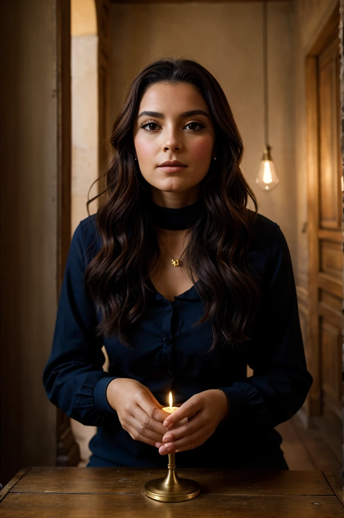 35 ans assise sur une table, beaux yeux détaillés, peau sombre, cheveux foncés noirs de taille moyenne, fille colombienne, belles lèvres détaillées, yeux et visage extrêmement détaillés, long cils, beau portrait, hyper réaliste, Détails complexes, éclairage cinématographique, couleurs vives, ambiance magique, Mystique, éthéré, Occulte, dark fantasy La scène est éclairée par une lumière vive en arrière-plan avec un mur clair en arrière-plan, position de face, seduisante