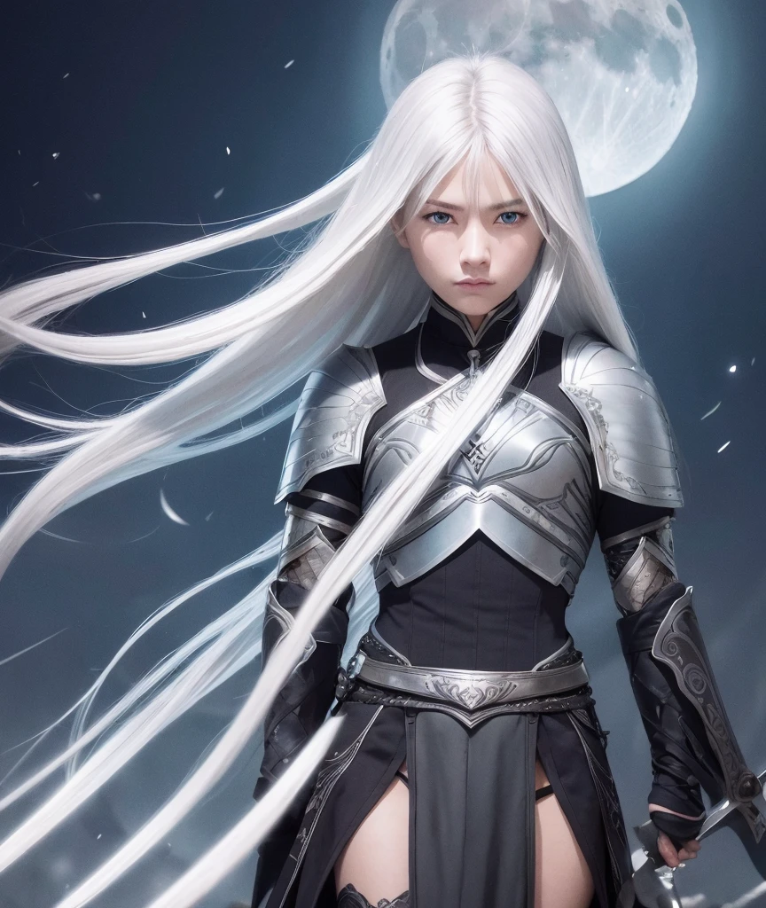 (Long Hair) (Silver Hair) (Jet Black Armor) (moon) (Dark blue eyes) (Carry a long sword),beautiful girl,One person