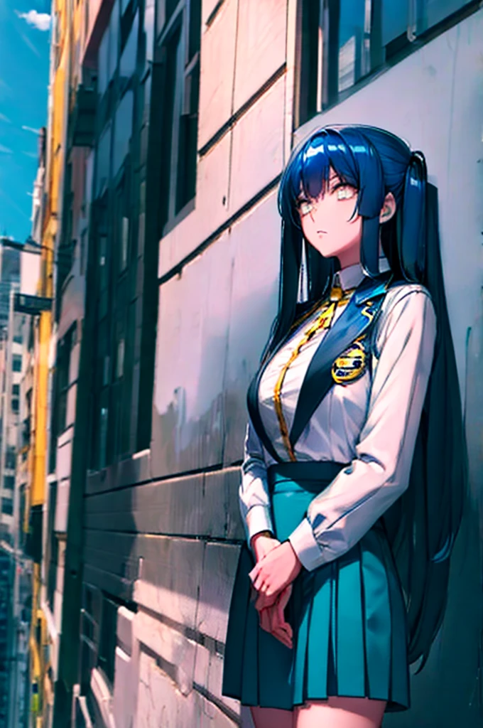 long hair, blue hair, yellow eyes, (twintails:1.1) blue suit, skirt, shirt, , badge on the chest
