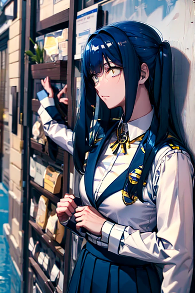 long hair, blue hair, yellow eyes, (twintails:1.1) blue suit, skirt, shirt, , badge on the chest
