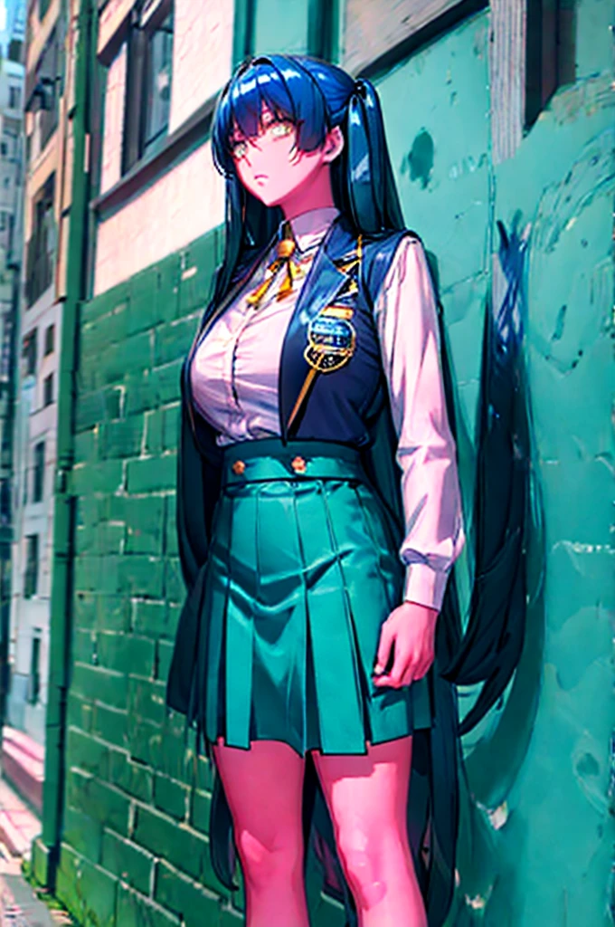 long hair, blue hair, yellow eyes, (twintails:1.1) blue suit, skirt, shirt, , badge on the chest
