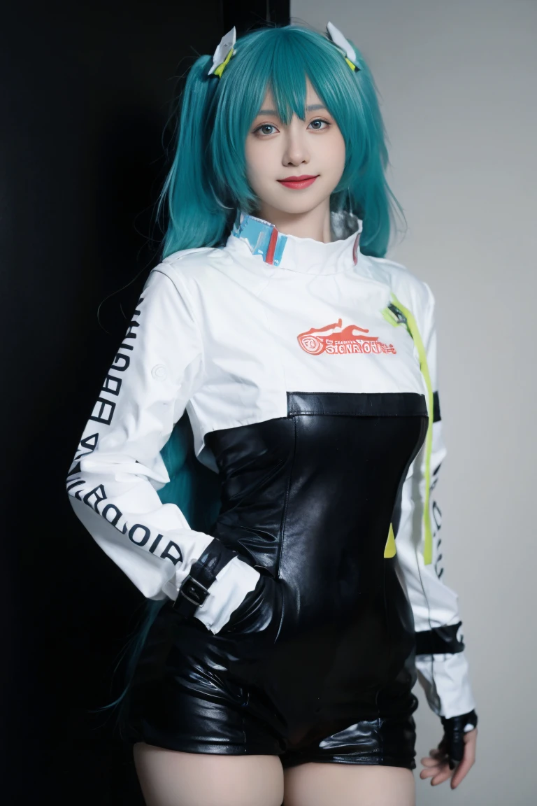 best quality, tmasterpiece,Ultra-high resolution,Clear face,(Reality:1.4),ferpect lighting,(upper body shot:1.5), (photorealistic:1.50), anime wallpaper, Guviz style artwork, cover-up fantasy up to magic , by Yang J, Guviz, beautiful artwork illustration, beautiful digital artwork, beautiful digital illustration, Li Song, beautiful anime portrait, art style in Beauvot, 1girl, 独奏, looking at viewer, smile, standing, full body, arms at side, hatsune miku cosplay costume, hatsune miku, racing miku, cosplay, twintails, (green hair:1.3), aqua hair, very long hair, bodysuit, black bodysuit, asymmetrical bodysuit, crop top, white crop top, cropped jacket, white cropped jacket, long sleeves, logo on crop top, logo, print bodysuit, hair ornament, gloves, two-tone gloves, clothes writing, single legwear, single thigh boot, high heel, grey background,