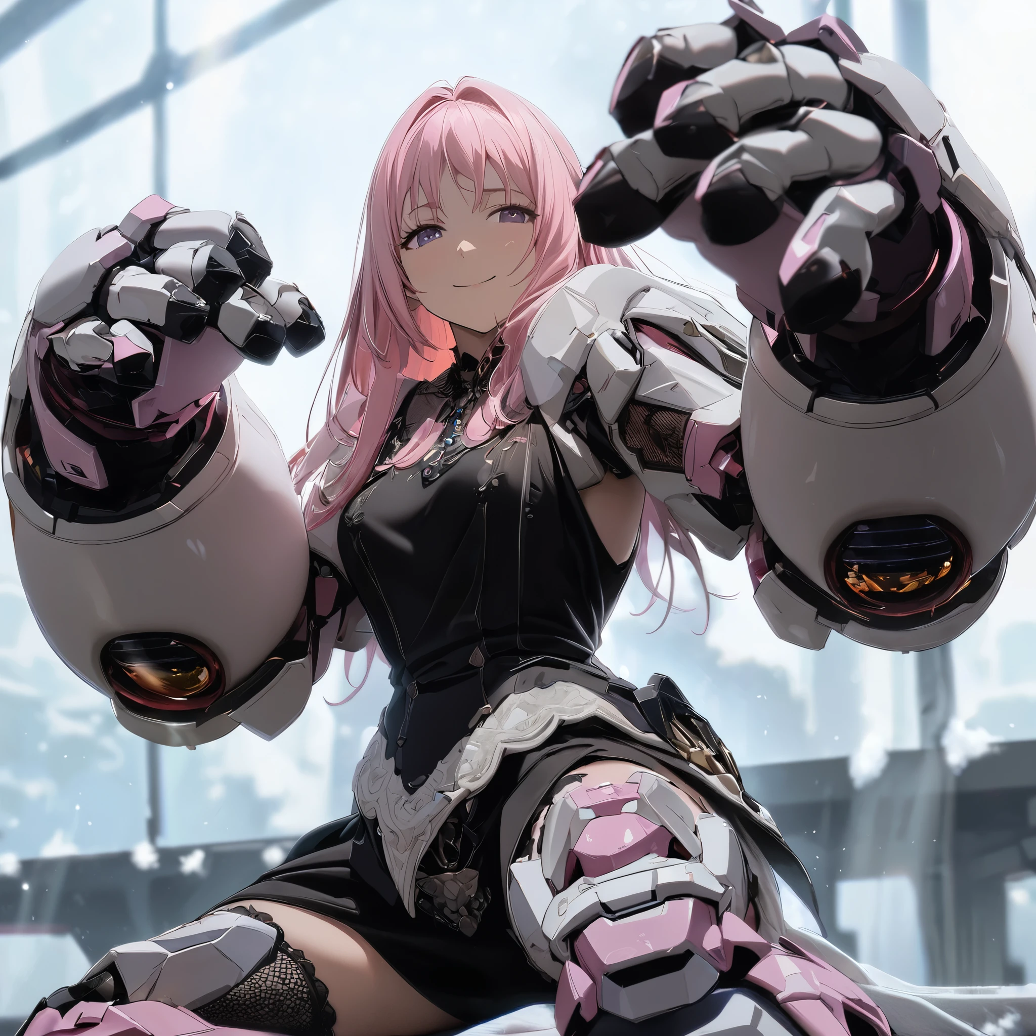 1 girl, full body esbian,sat down,dramatic lighting,Pink Mecha,honey mecha,ホワイトPink Mecha,pink long hair,white long hair,small breasts,clothes fit the body,skin as white as snow, face,The most delicate face,naked thighs,8k wallpaper,master piece,best quality,smile,feet,put your foot on the bear,bear pillow