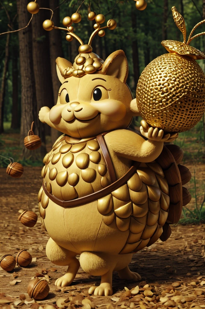 Nutty struggling to carry the heavy golden acorn. Characters: Nutty looking tired. Caption: "But soon, Nutty noticed the golden acorn was too heavy to carry around."