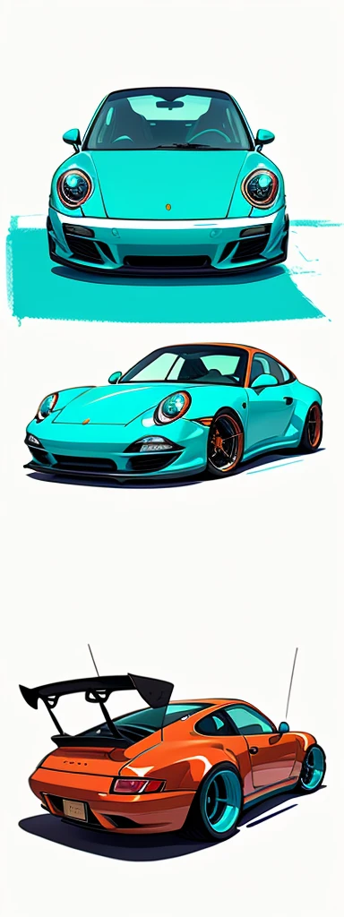 Turquoise Porsche 911 rwb, pop art, cartoonish style , sketch, detailed illustration, large wheels, wide bodykit