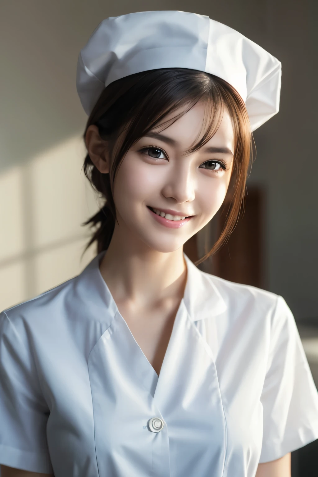 One girl, (wearing trendy fashion:1.2), (RAW photo, highest quality), (Realistic, Realistic:1.4), Tabletop, Very delicate and beautiful, Very detailed, 2k wallpaper, Amazing, in detail, Highly detailed CG Unity 8K wallpaper, Highly detailed, High resolution, Soft light, Beautiful detailed girl, Looking into the camera, Very detailed eyes and face, Beautiful and elaborate nose, Beautiful details, Medium hair, Small, White nurse uniform, Small Caucasian nurse (cap), White shirt, Open shirt, Hospital, Hospital room, White background, Background is white, Cinematic lighting, Perfect anatomy, Slender body, Smiling face,