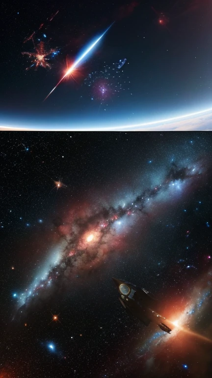 high quality, detailed, Galactic War, Dogfight,A Super huge space battleship,Great Galaxies and Nebulae and Superstars,