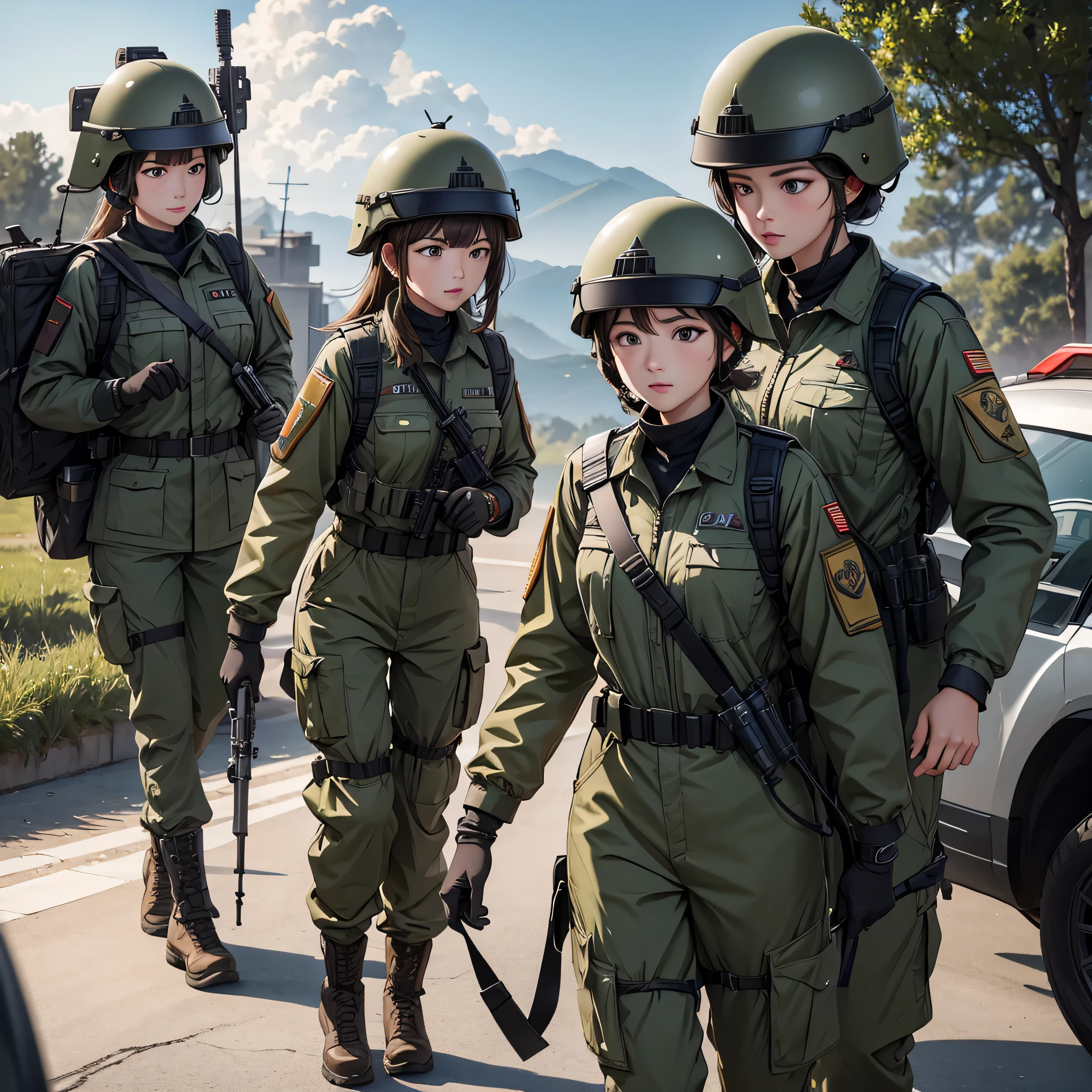 First-person perspective、Three female soldiers all wearing helmets、Patrol by car、M.51 Military Uniform 、Military Pants、night、Write details、masterpiece、best quality、Highly detailed CG、8K picture quality