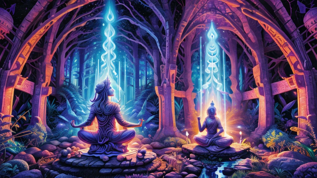 Create an ayahuasca inspired image of the fusion of energies coming together