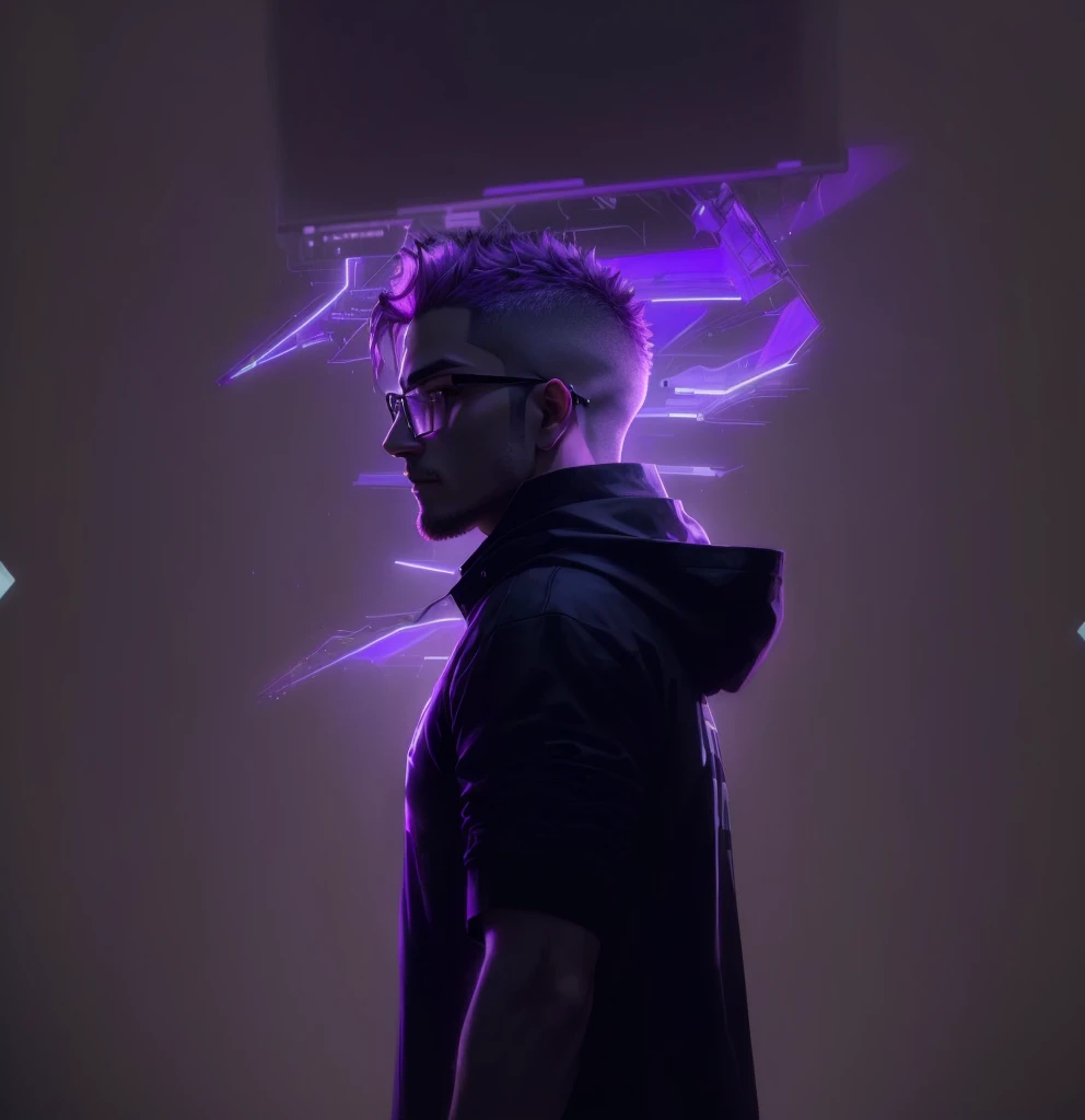 a young latin american boy, with purple hair and glasses in a black shirt, highly detailed vfx portrait, jared aura and wires, amazing lighting effect, extremely moody purple lighting, darksynth character portrait, nft portrait, 8k portrait rendering, portrait epic and elegant, portrait of a cyberpunk man, Cyberpunk portrait, high quality portrait, 8K portrait photo, profile portrait