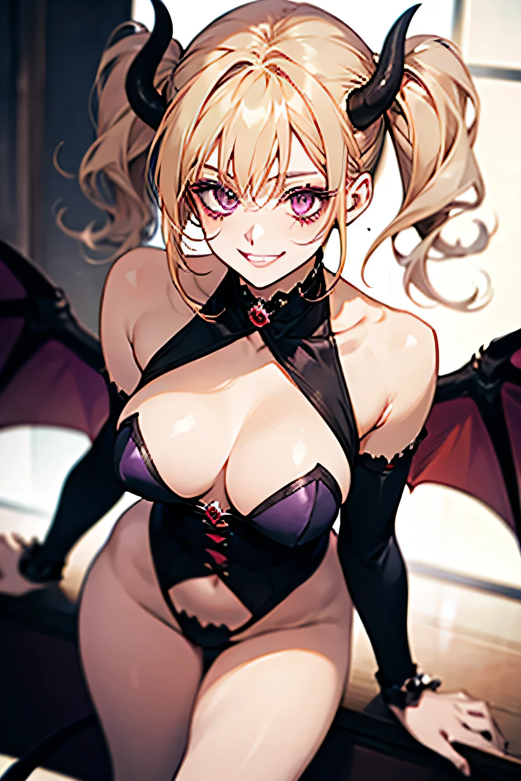 Succubus,Twin tails，Provocative smile，Blonde,Purple devil wings，One devil&#39;s tail.     Full moon in the background.