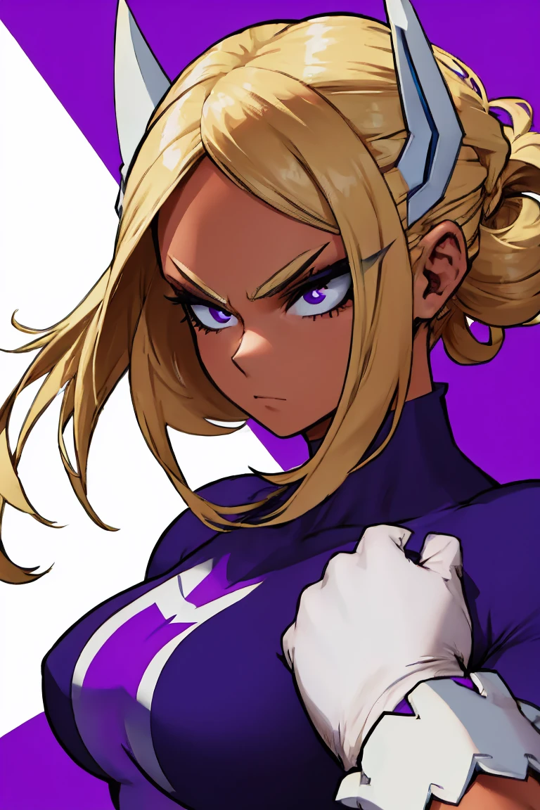 A hot girl with strong, light blonde hair, cute hair, Look of Fury, musclegirl, dark costume and fist, lilac makeup, whitegloves,