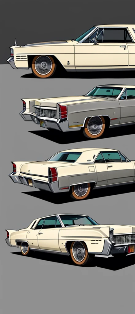 Beige colored slammed 1967 cadillac deville, pop art, cartoonish style , sketch, detailed illustration, large wheels, wide bodykit, masterpiece, highly detailed ((([simple dark grey background])))