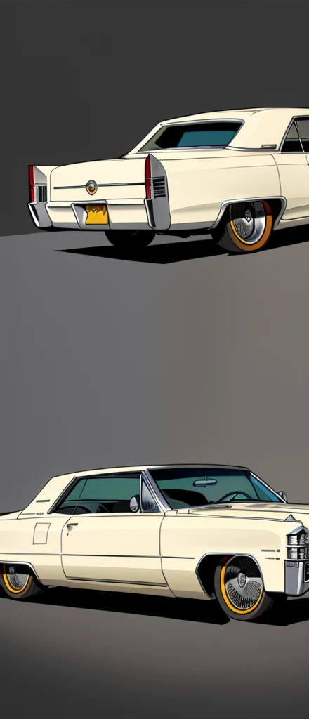Beige colored slammed 1967 cadillac deville, pop art, cartoonish style , sketch, detailed illustration, large wheels, wide bodykit, masterpiece, highly detailed ((([simple dark grey background])))