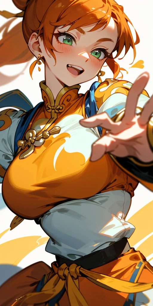 1 girl、one person、skinny body shape、orange clothes、orange hair、ponytail、beautiful green eyes、intense joy on the face、white uniform with golden decorations、upper body close-up, style of Chun-li clothes
