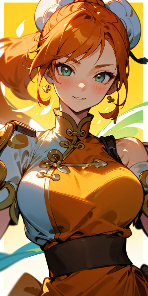 1 girl、one person、skinny body shape、orange clothes、orange hair、ponytail、beautiful green eyes、intense joy on the face、white uniform with golden decorations、upper body close-up, style of Chun-li clothes